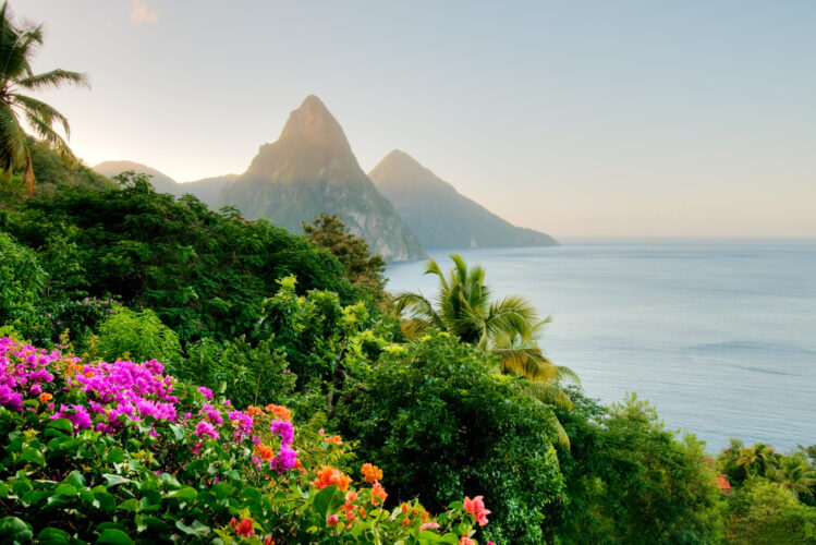 St. Lucia's Twin Pitons lit by sunrise glow